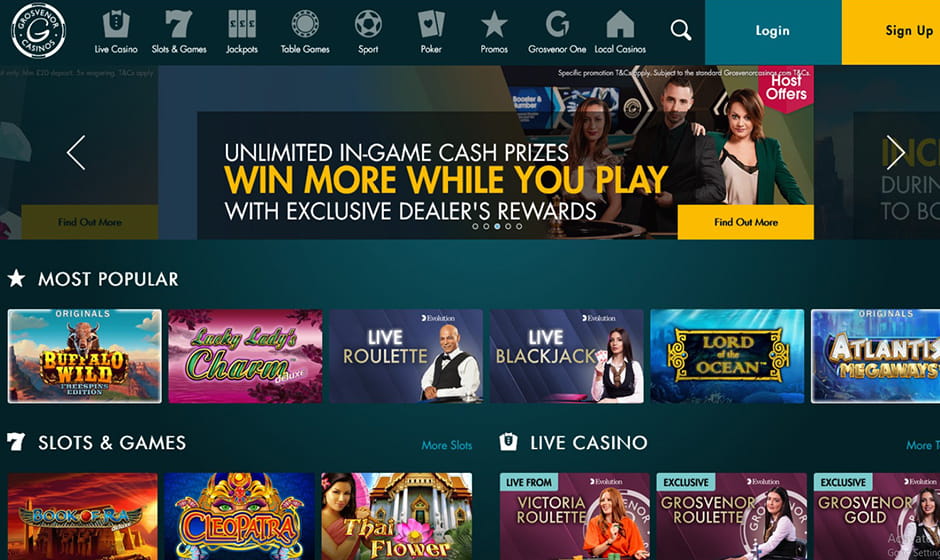View of the homepage at the Grosvenor Casino site.