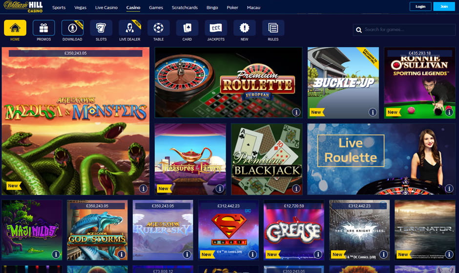The homepage of the William Hill casino website