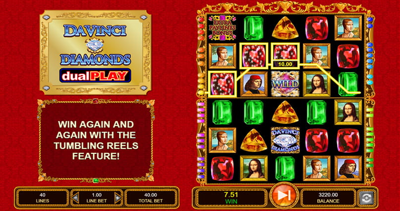 The Da Vinci Diamonds Dual Play slot game in play.