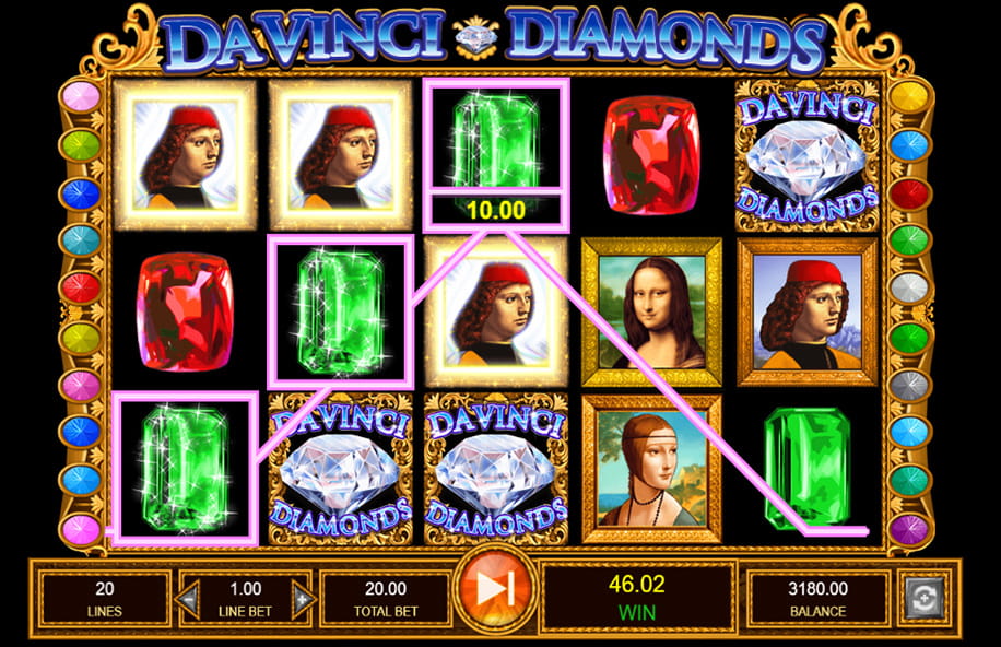 A coloured line shows a winning payline in Da Vinci Diamonds