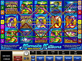 The colourful Mermaids Millions game criss-crossed by fifteen zig-zagging paylines.