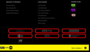 A screenshot of the 888casino website showing the Gambling Commission, GambleAware, GamStop, and HM Government of Gibraltar logos. 