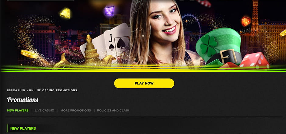 A screenshot of the 888casino promotions page showing the welcome bonus options and some hot promotions