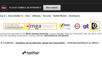 The security information at Betfair, which includes the logos of the UK Gambling Commission, the Malta Gaming Authority, GamCare and Gambling Therapy. 
