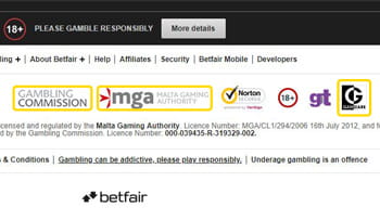 The security information at Betfair, which includes the logos of the UK Gambling Commission, the Malta Gaming Authority, GamCare and Gambling Therapy. 
