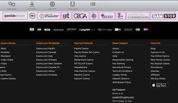 View of the Casino.com footer which displays icons from UKGC, Gibraltar government, Thawte encryption, GamCare, GamStop, and GambleAware