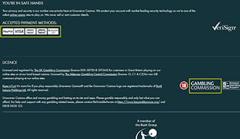 The footer of the Grosvenor site displays the UKGC logo, and various other organisations including GamStop, VeriSign, Keep it Fun! and Visa. 