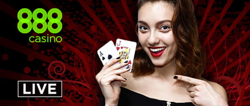 A woman holding a winning hand in blackjack overlaid with the 888casino logo.