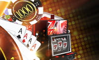 Dice and casino chips rolling along a craps table.