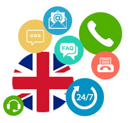 The UK flag surrounded with icons for 24 hour live chat, phones, email and more.