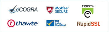Logos of RapidSSL, eCOGRA, TST, Thawte, TRUSTe, McAfee