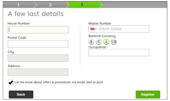 Registration screen at an online casino asking for contact information