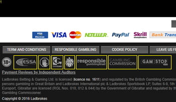 A screenshot of the Ladbrokes website showing the Gambling Commission, GamCare, GamStop, and HM Government of Gibraltar logos.