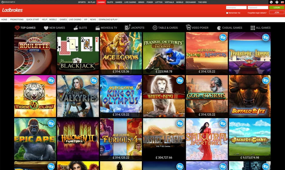 A screenshot of the Ladbrokes website showing a number of different slot games.