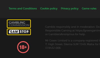 View of the main Mr Green website footer with UKGC licence detailed, plus the GamStop logo.