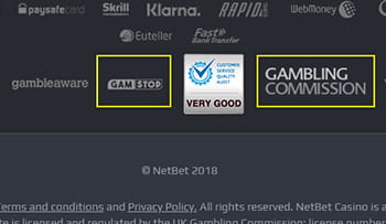 The NetBet footer displays the logos of the UK Gambling Commission, GamStop, gambleaware, GamCare and other trusted organisations.