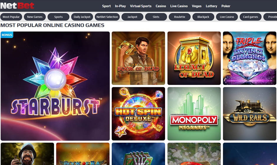 The NetBet Casino homepage showing bonus offers and slot game titles.
